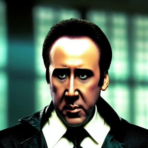 Image similar to Nicolas Cage as Morpheus in the Matrix