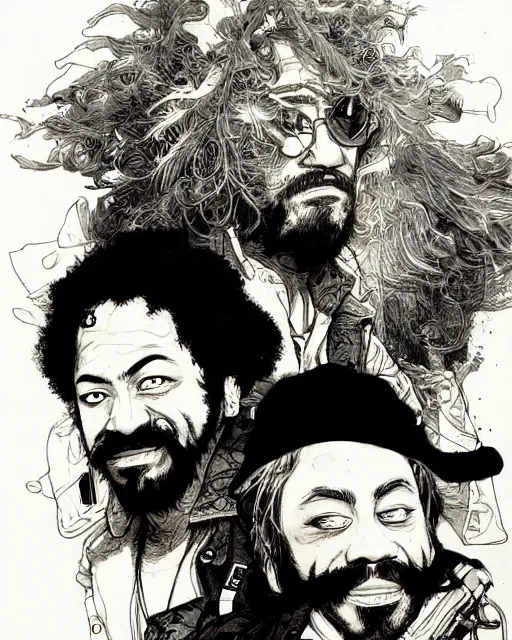 Image similar to portrait of cheech and chong, concept art, sumi - e style, intricate linework, artstation, trending, highly detailed, smooth, focus, art by yoji shinkawa,