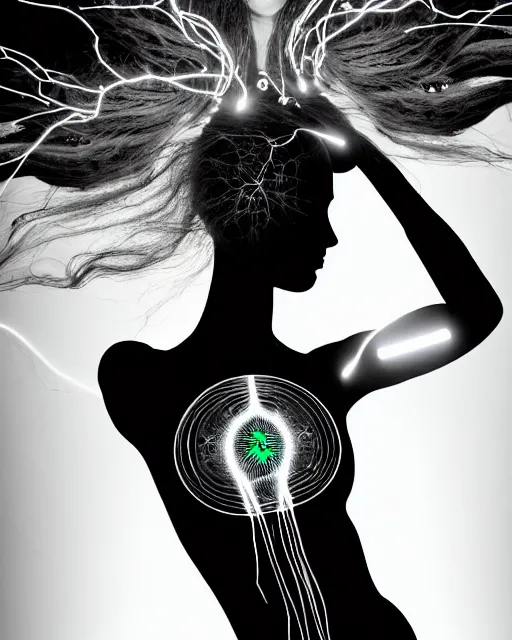 Image similar to black and white dreamy spiritual connected young female cyborg - plant goddess high quality photo, microchip, artificial intelligence, bio - mechanical bio - luminescence, black wired cables, neurons, nerve cells, cinematic, rim light, photo - realistic, elegant, high detail, 8 k, masterpiece, high fashion