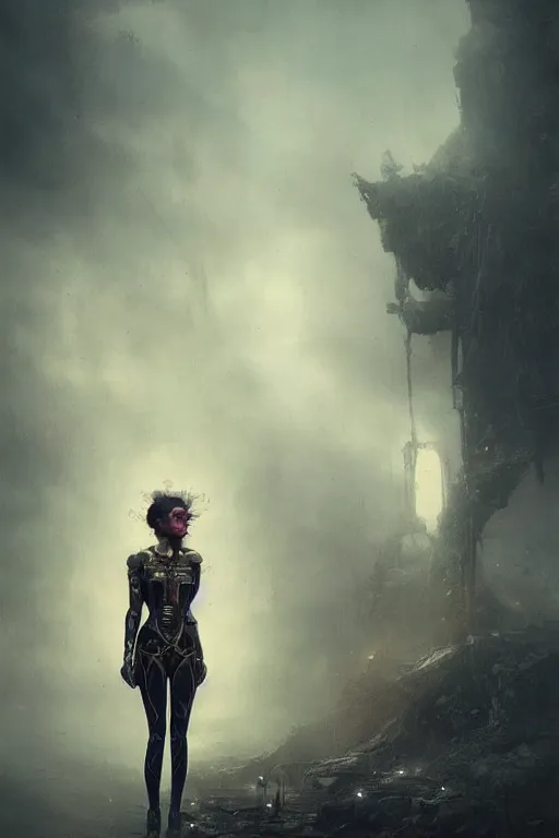 Image similar to Abstract tech, a beautiful steampunk female in bodysuit, ruins by night, horror, volumetric clouds and fog, focus, detailed, realistic eyes looking at camera, symmetric body features proportions, intricate details, award winning, unreal render, by Tom Bagshaw