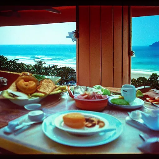 Prompt: breakfast at the porch of a beach house in rio de janeiro in the 8 0 s, photograph, 8 mm