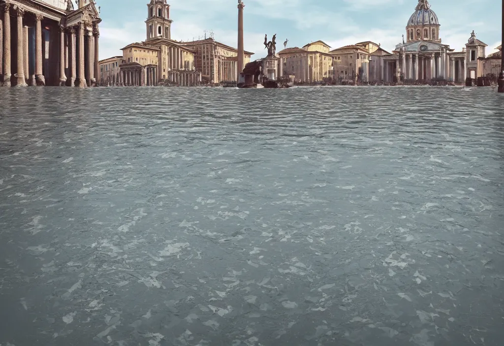 Prompt: kodak portra 4 0 0 photographic and realistic, st. peter's square in rome, detailed, octane render, unreal engine, 4 k, artstation, hyper realistic, wide angle, floor flooded, how a river, objects that float, 3 5 mm, sharp focus, soft light, volumetric light fog, in the style of gregory crewdson