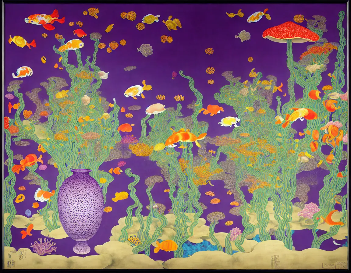 Image similar to vase of mushroom in the sky and under the sea decorated with a dense field of stylized scrolls that have opaque purple outlines, with koi fishes, ambrosius benson, kerry james marshall, afrofuturism, oil on canvas, history painting, hyperrealism, light color, no hard shadow, around the edges there are no objects