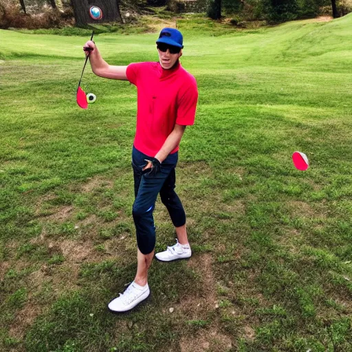 Prompt: simon lizotte playing disc golf