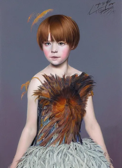 Prompt: little girl with an eccentric haircut wearing an dress made of feathers, artwork made by ilya kuvshinov and donato giancola