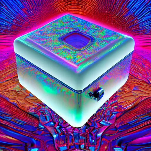 Image similar to transparent iridescent technological land square falcon milk nut chest, by simon bisley and georgia o'keeffe and mike winkelmann, groovy, seapunk, 4 k