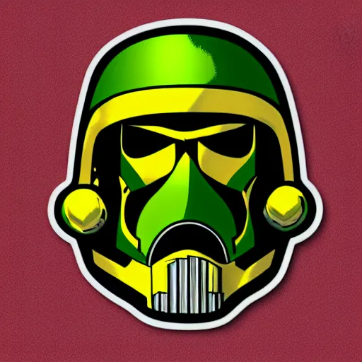 Prompt: portrait of a mutant chronicles bauhaus doomtrooper, wearing green battle armor, a yellow smiley sticker centered on helmet, by mark brooks