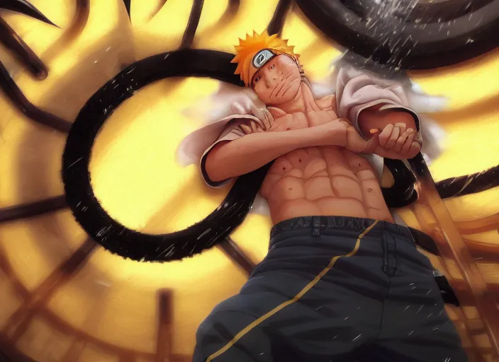 Image similar to highly detailed portrait of naruto uzumaki with black hair punching a wal behind bars in prison, unreal engine, fantasy art by greg rutkowski, loish, rhads, ferdinand knab, makoto shinkai and lois van baarle, ilya kuvshinov, rossdraws, tom bagshaw, global illumination, radiant light, detailed and intricate environment