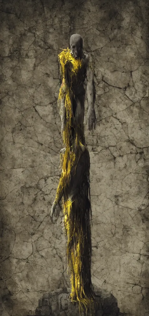 Image similar to a tall pale humanoid being sitting upon an ornate stone throne, 4K, digital art, horror, dramatic, wearing a long yellow rotting garment, dark, hyperrealistic, perspective,