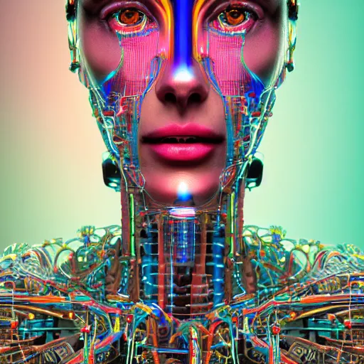 Prompt: a highly detailed portrait composition of an artificial intelligence bionic woman humanoid, symmetrical facial proportions, forward facing, symmetrical, with neon topaz marble skin and exposed colorful circuits and cables, extremely detailed, intrincate detailed, ultrafine, octane render, 4 k, artstation, cgsociety, by sam spratt and dan mumford and naoto hattori