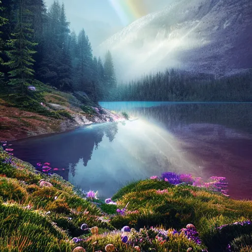 Prompt: an inaccessible alpine lake, beautiful, atmosphere, vibe, mist, rainbow, wet, puddles, fern, flowers, concept art illustration, color page, tone mapping, akihiko yoshida, james jean, andrei riabovitchev, marc simonetti, digital illustration, greg rutowski, volumetric lighting, sunbeams, particles