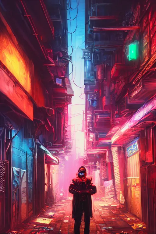 Prompt: fantasy cityscape alleyway digital painting, cyberpunk wallpaper, diffused lighting, with red and blue neon lighting, fog, trash and dumpsters in the alley, made by tae young choi and dang my linh, 8 k dop dof hdr, cyberpunk personage in a punk rock suit standing in the middle of the alley by alexander holllow fedosav