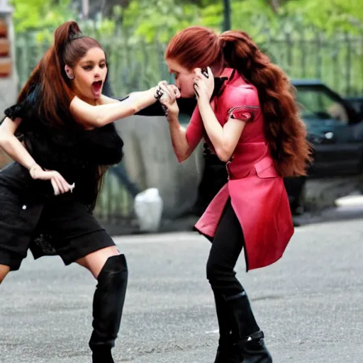 Prompt: photo of arianna grande fighting a vampire