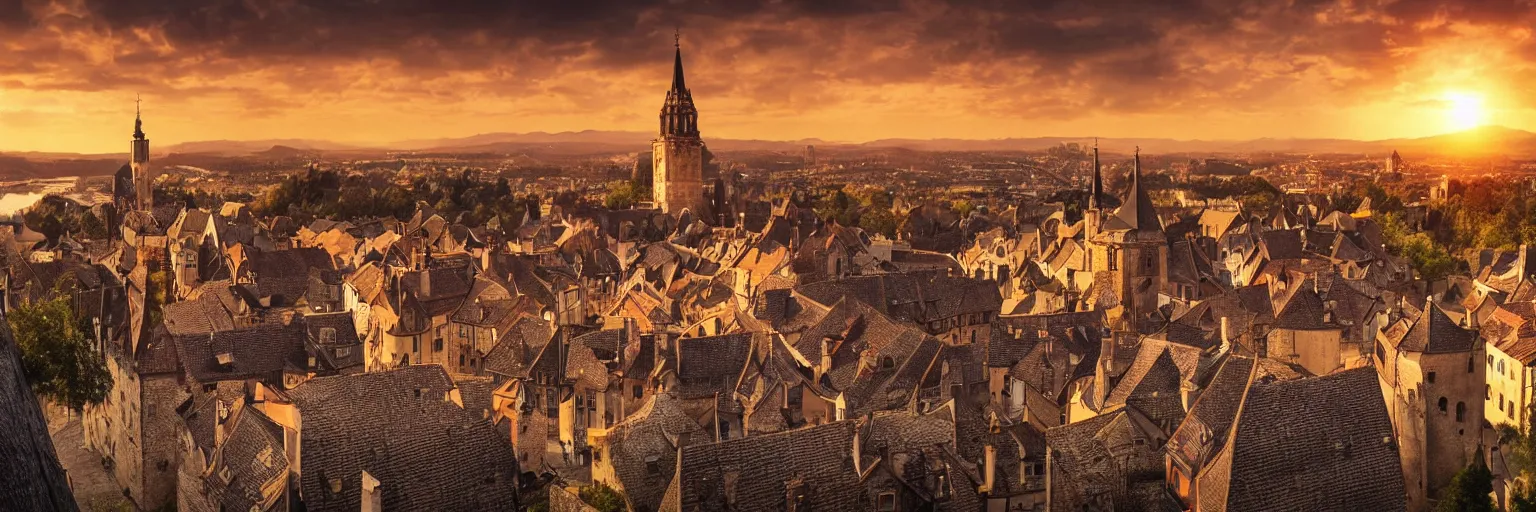 Image similar to beautiful medieval city, golden hour, sunset, elden ring, cinematic