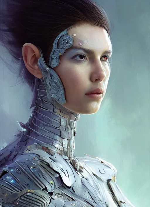 Image similar to a professional painting of a beautiful young female alien, clothed in ethereal armor, olive skin, long dark hair, beautiful bone structure, symmetrical facial features, intricate, elegant, digital painting, concept art, smooth, sharp focus, illustration, from Valerian and the City of a Thousand Planets, by Ruan Jia and Mandy Jurgens and Artgerm and William-Adolphe Bouguerea