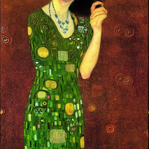Prompt: beautiful portrait of a woman who is green with envy by gustav klimt