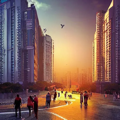 Image similar to mumbai in the future, architecture, urban, cinematic, super realisitc, city streets, golden hour, distopian fantasy artwork made in 2 0 2 0