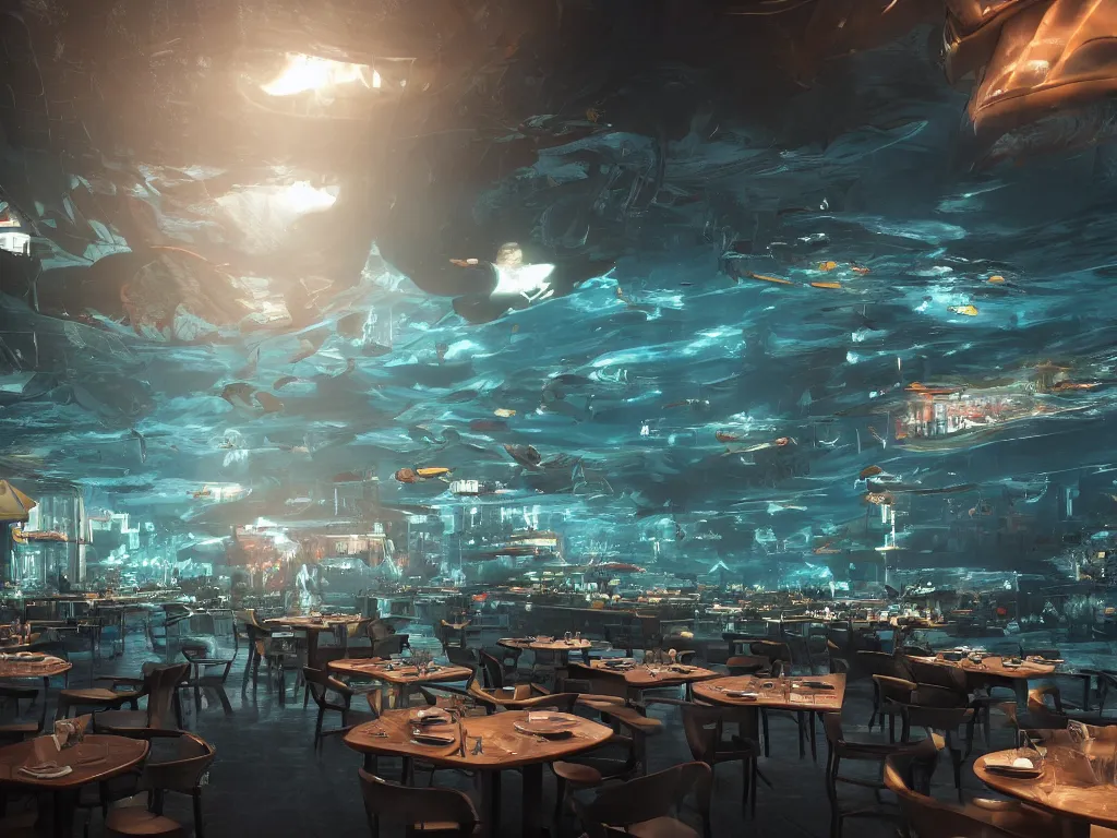 Image similar to Cyberpunk restaurant under water with whales, black ceiling and people inside the restaurant. Rays of light shines through the water. Cinematic, ArtStation, realistic photograph, ambient, rays, lens flares. Unreal Engine, Blender, Maya, rendered by Octane, Arnold.