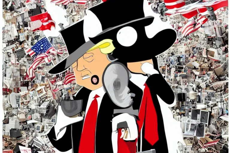 Image similar to 2 d poster illlustration donald trump and donald trump wearing trenchcoats and black spy hats, stacks of boxes everywhere and a safe broken open for the movie spy vs spy