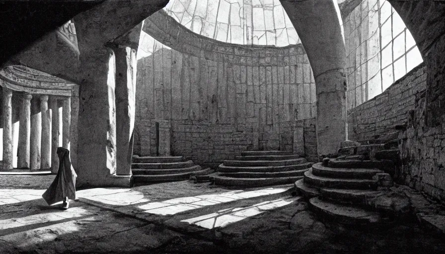 Prompt: 1 9 7 0 s andrei tarkovsky movie still of a man in red drapery in a spiral building with columns and esoterical pyramids, by piranesi, panoramic, ultra wide lens, cinematic light, anamorphic