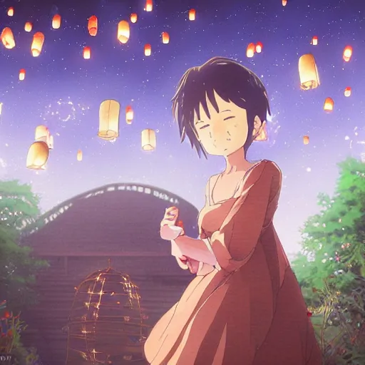 Image similar to anime, ultrawide, realist, zerochan, paper texture, intricate, very detailed, studio ghibli movie scene, woman in a dress, beautiful forest village, lanterns, wood bridge, witch's hut, night!!!!, fireflies!!, fog