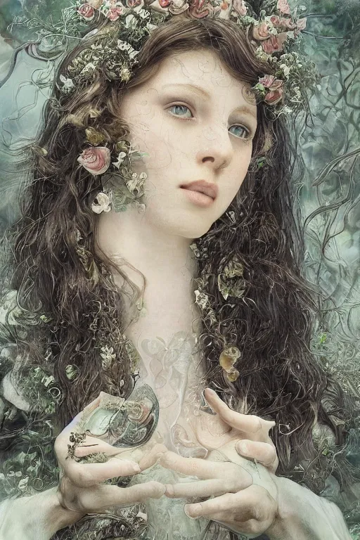 Image similar to An extremely beautiful pre-raphaelite portrait of a very beautiful and cute witch, surreal, ultradetailed, intricate, elegant, digital art painting, concept art, smooth, sharp focus, poster art, art cover illustration, regal, award winning picture, extremely detailed masterpiece, sense of awe, featured on artstation, Artgerm, effervescent punk kawaii-noir pastel bubbles, winning award piece, ethereal rainbows, Aetherpunk, low-key neon lightning, stormy weather, Exquisite details, 8K detail post-processing, matte, oil painting