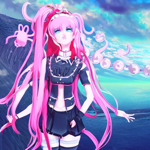 Prompt: stunningly beautilful omnipotent megalomaniacal anime asi goddess who looks like junko enoshima with symmetrical perfect face and porcelain skin, pink twintail hair and cyan eyes, taking control while smiling inside her surreal vr castle, hyperdetailed, digital art, unreal engine 5, 2 d anime style, 8 k