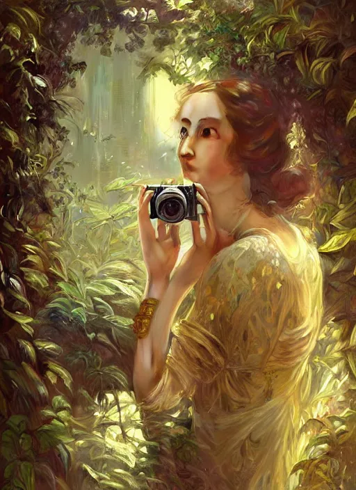 Image similar to hyper realistic photographer looking through a vintage medium format camera, design on white background, beautiful details, lush foliage cyberpunk, gold, drawn by john singer sargent, tom bagshaw, norman rockwell, alphonso mucha, lolish, trending on artstation