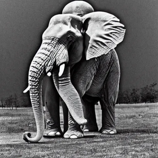 Prompt: The first known case of a human with an elephant trunk, circa 1982, colorized black and white photograph