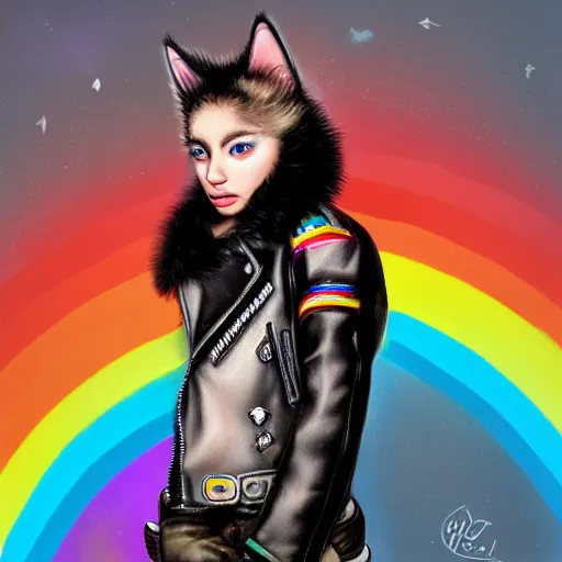 Image similar to wide angle full body, jacket wearing fluffy cute rainbow kitten wearing a black leather motorcycle jacket, cinematic concept art