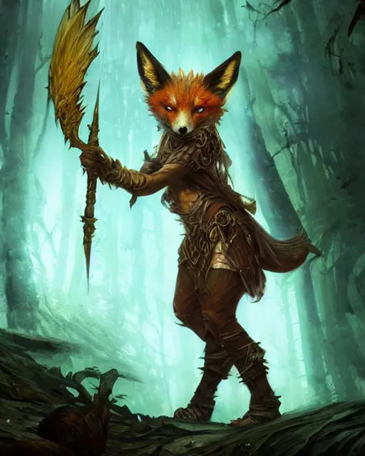 Image similar to Fox Shapeshifter Druid Mage, D&D, artstation, fantasy, magic the gathering artwork, cinematic lighting, centered, symmetrical, highly detailed, digital painting, , concept art, smooth, sharp focus, illustration, volumetric lighting, epic Composition, 8k, art by Akihiko Yoshida and Greg Rutkowski and Craig Mullins, oil painting, cgsociety