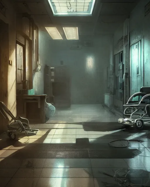 Image similar to artstation scifi scene of a a shabby chinese ward, a bouquet of light on the ground business card, huge floor - to - ceiling fan, wheelchair, crutches, dust, paneled walls, unreal engine 5, hyper realism, realistic shading, cinematic composition, blender render, octane render, hdr, detailed textures, photorealistic, wide shot