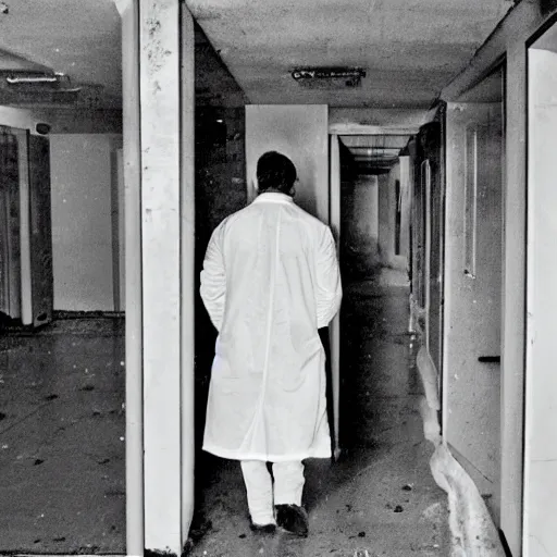 Image similar to a male scientist wearing a lab coat lost suit inside the very dark empty unsettling creepy backrooms, liminal space, flickering fluorescent lights, eerie mood