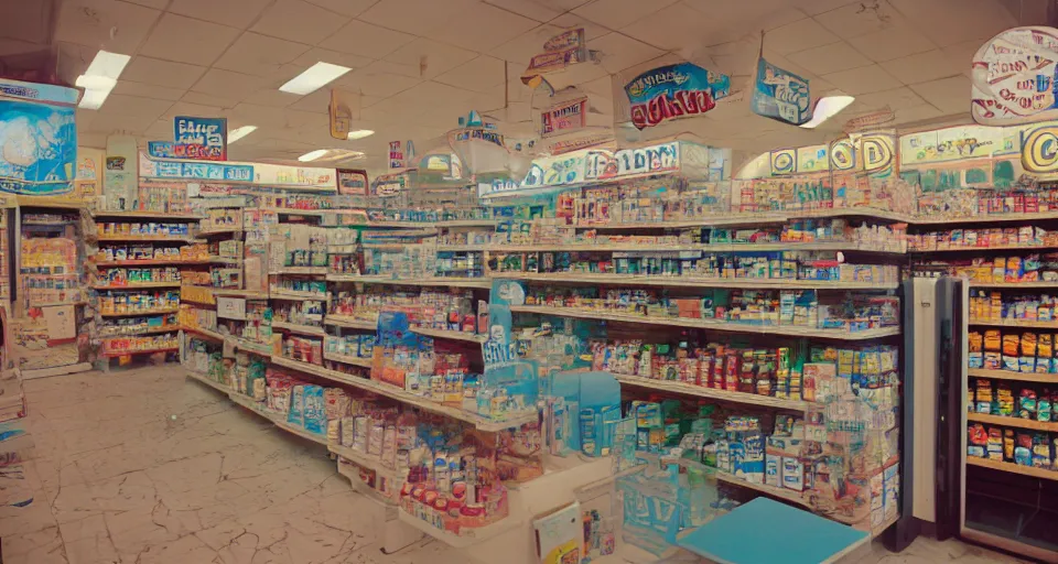 Prompt: The interior of a convenience store in the underwater city of Atlantis, 35mm film