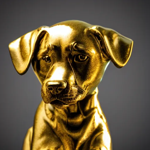 Prompt: detailed photo of a puppy statue made of gold, various posed, studio light, 8 k, photorealism, intricate detail, museum diffuse lighting