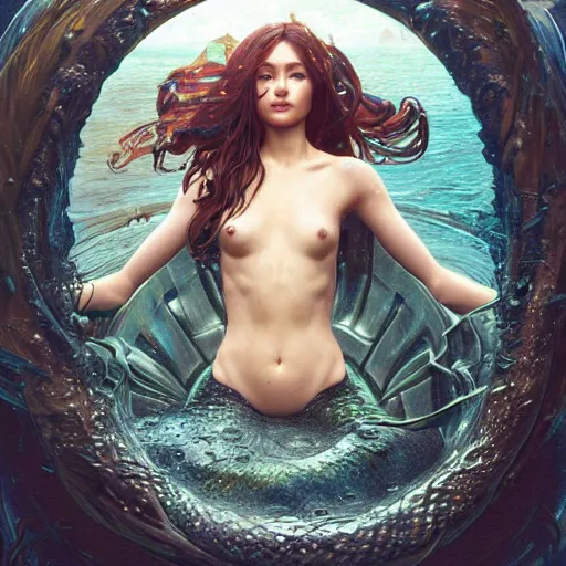 Prompt: a mermaid stuck in a giant puddle of motor oil, ultra realistic, concept art, intricate details, highly detailed, photorealistic, octane render, 8 k, unreal engine. art by artgerm and greg rutkowski and magali villeneuve and alphonse mucha