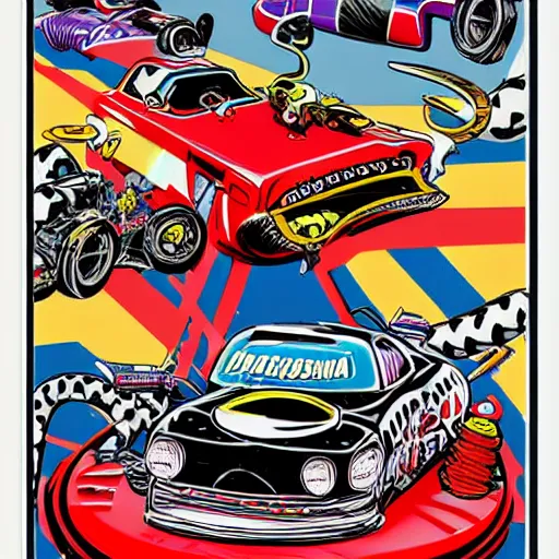 Prompt: Crazy Pop-Wonder NFT Style Racing-Poster Artwork of Jeff DeGrandis Dragfink.com Ed 'BIG DADDY' Roth GIGANTIC-Snake, character art, Driving a Hotrod, crazy racer spinning, burnout, smokey tires, classic-cult-comic-style, hand drawn svg, vector artwork