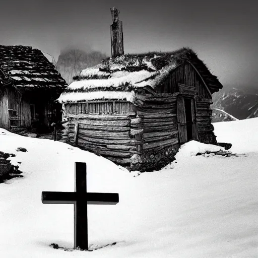 Prompt: 1 9 2 0 s photography of an old farmers hut in the dolomites, farmer tools, wooden cross, bondes, haystack, dark, eerie, grainy