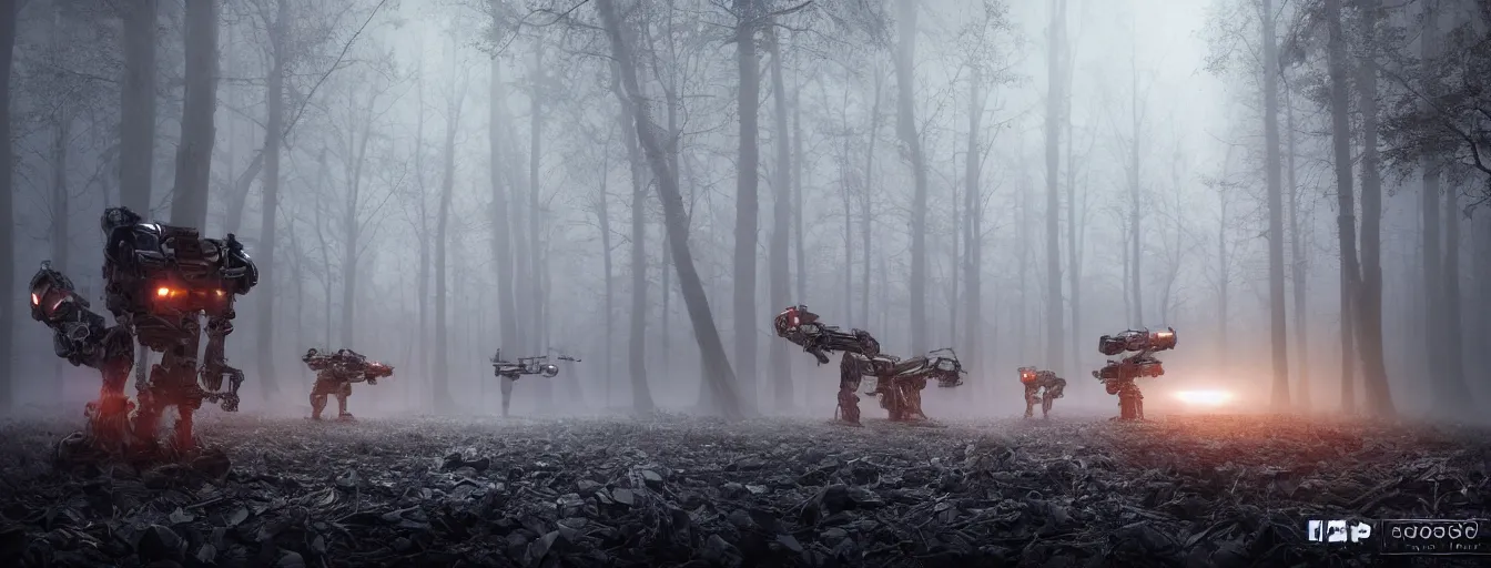 Prompt: imagination of robots army hunting humans in dark foggy old forest in the night, postapo, dystopia style, heavy rain, reflections, high detail, dramatic moment, motion blur, dense ground fog, dark atmosphere, saturated colors, by darek zabrocki, render in unreal engine - h 7 0 4