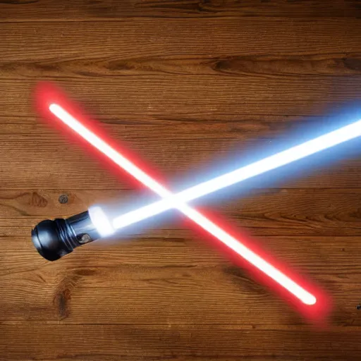 Image similar to a real light saber on a wooden table, 4k, high detail, high-resolution photograph, professional photography, ultra-detail