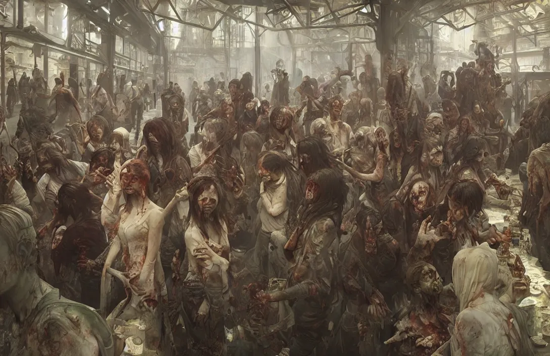 Image similar to painting of zombie apocalypse in subway, ultra realistic, concept art, intricate details, eerie, highly detailed, photorealistic, octane render, 8 k, unreal engine. art by artgerm and greg rutkowski and alphonse mucha