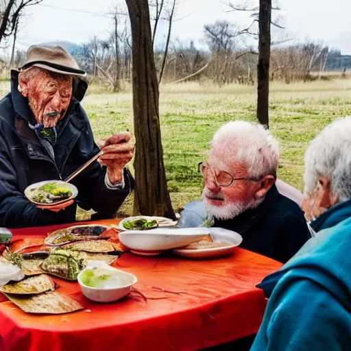 Image similar to a large crowd watching an elderly man eat soup, bold natural colors, national geographic photography, masterpiece, 8 k, raw, unedited, symmetrical balance