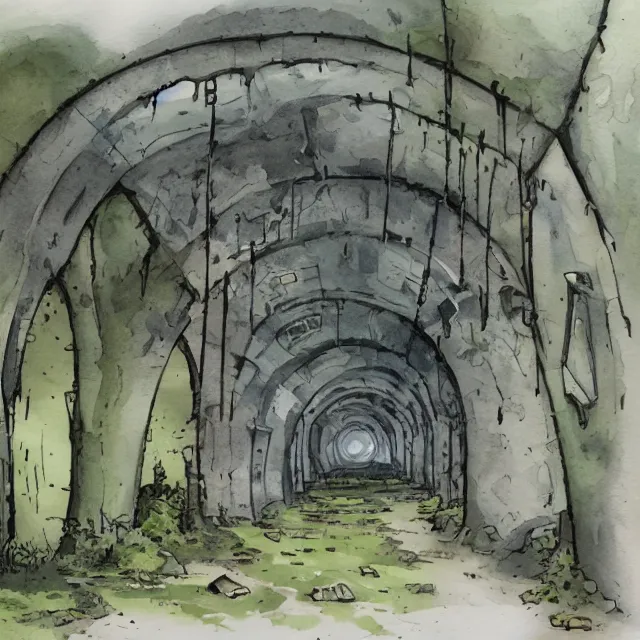 Prompt: a watercolor ink painting of the abandoned and overgrown tunnels of an post-apocalyptic arcology