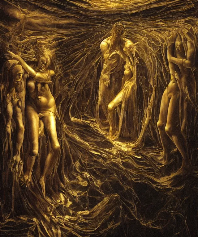 Image similar to The room without doors and windows with beautiful full-body wax sculpture of the glowing woman with visible golden bones inside her in the singularity where stars becoming baroque folds of dark matter by Michelangelo da Caravaggio, Nicola Samori, William Blake, Alex Grey and Beksinski, dramatic volumetric lighting, detailed oil painting, 8k, masterpiece