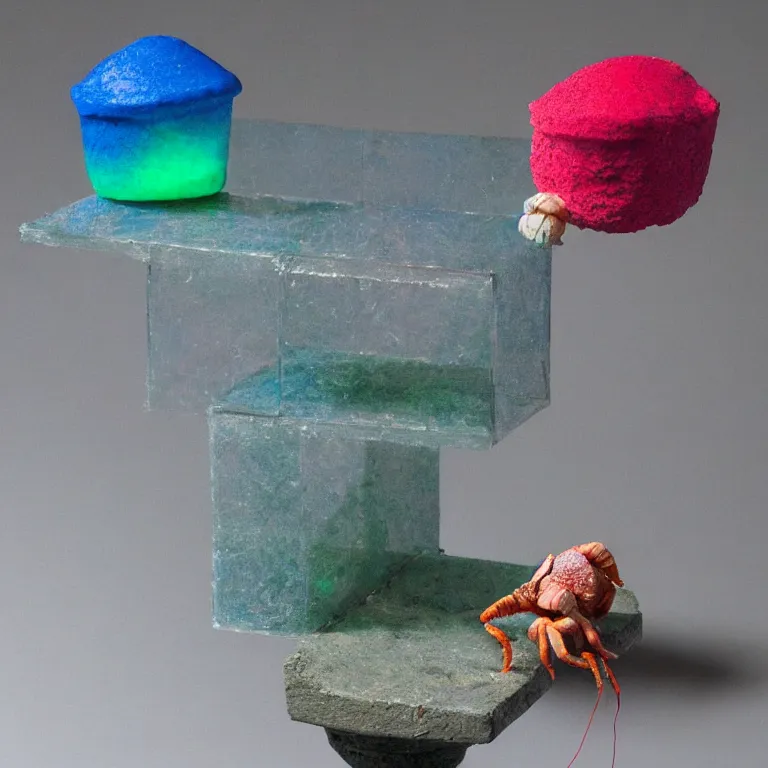 Image similar to hyperrealistic sculpture of a macaroni hermit crab dusted with rose and deep blue and hunter green spraypaint in a grid cage on a pedestal by ron mueck and duane hanson and lee bontecou, hyperrealistic dramatic colored lighting trending on artstation 8 k