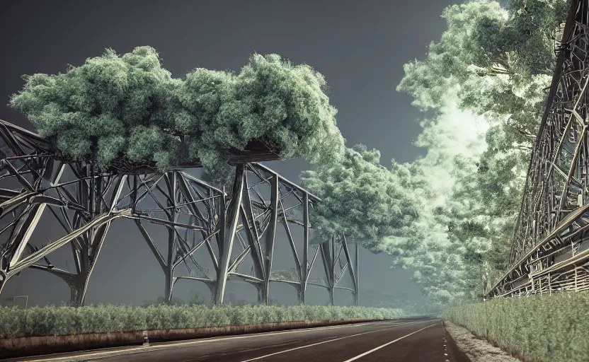 Image similar to explosions in the form of realistic cotton plants cover harbour bridge, huge cotton plants everywhere, smooth, sharp focus, highly detailed, 3 d octane render, epic lighting, dark atmosphere, lots of cotton plants, 8 k, by goro fujita