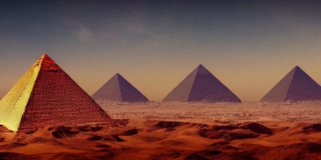 Prompt: a city in the desert with a pyramid in center, ziggurat, fantasy art,hyper realistic, dramatic lighting, cinematic, 35mm lens, 8k,