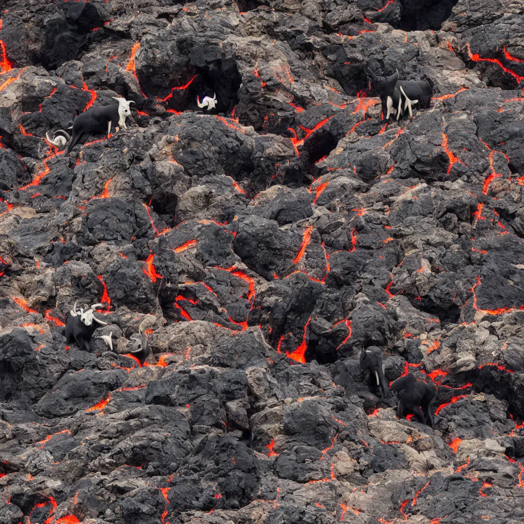 Prompt: satanic mountain goats with glowing red eyes on a sheer obsidian cliffside with lavaflow, lava waterfalls