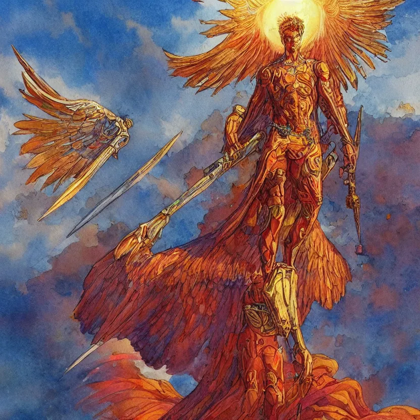 Prompt: a watercolor painting of a archangel with a broken halo wielding a jagged fiery blade flying over a city in the style of jean giraud in the style of moebius trending on artstation deviantart pinterest detailed realistic hd 8 k high resolution