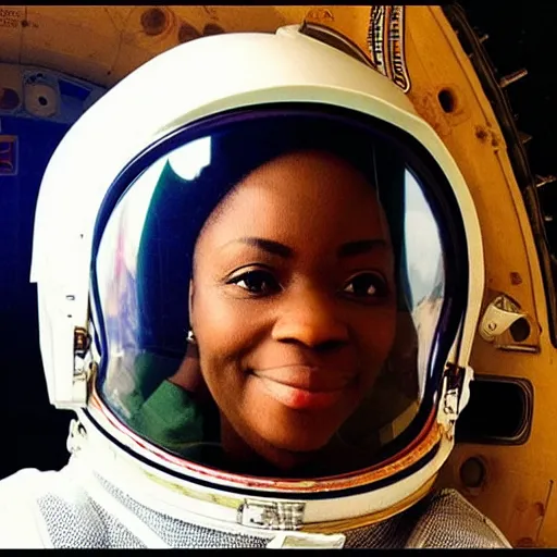 Prompt: “nigerian female astronaut on board international space station wearing space suit and translucent helmet, highly detailed, realistic, portrait, photorealistic, proportional, beauty, fish eye lens, nasa, spacex, in the style of Edward hooper oil painting sun rising”